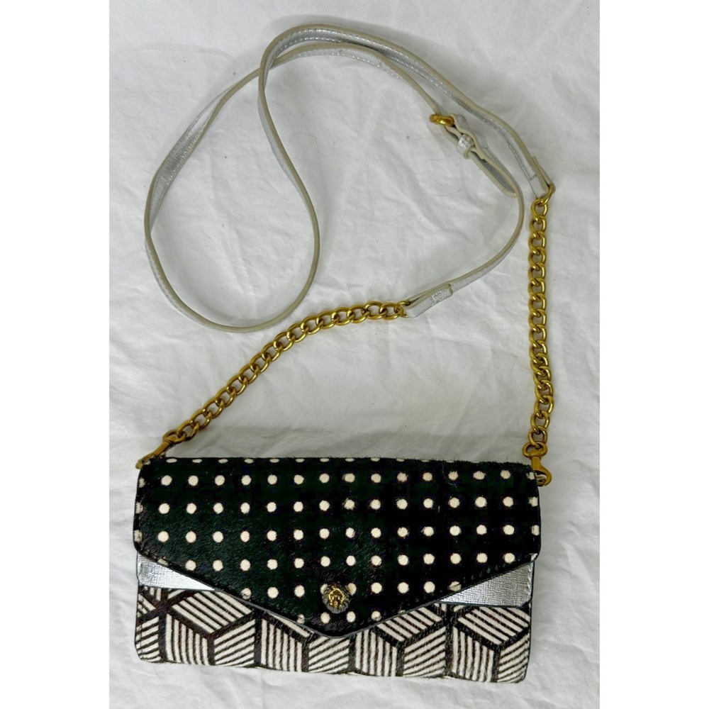 Anne Klein Pony Hair Leather Geometric Illusion Pattern Dot Gold Chain Lion Head